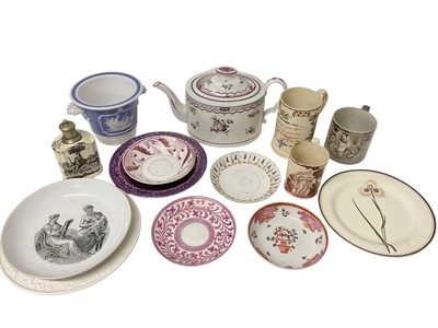 Lot 1908 - Group of 18th and 19th century English ceramics, including a Wedgwood creamware tea caddy with printed decoration, creamware mugs, silver lustre mug, etc (14)