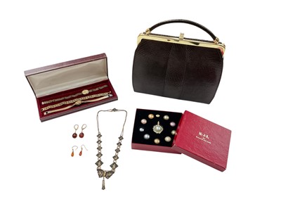 Lot 945 - Kenneth Jay Lane interchangeable simulated coloured pearl pendant set in box, other jewellery, two ladies' Citizen gold plated wristwatches and a vintage lizard skin handbag
