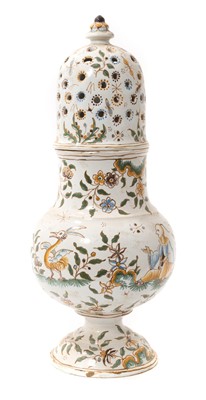 Lot 1910 - Large 18th century French faience caster, probably Rouen, polychrome painted with a chinoiserie scene