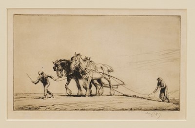 Lot 1125 - George Soper (1870-1942) signed etching - Harrowing, 16.5cm x 26.5cm, in glazed frame