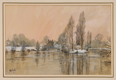 Lot 1057 - *John Doyle (b.1928) watercolour - 'Eton College from Masters Boathouse under Snow', signed, artist's label verso dated 1986, 31cm x 47cm, in glazed gilt frame