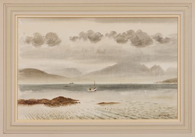 Lot 1062 - Roland Vivian Pitchforth (1895-1982) watercolour - Fishing Boat on a Loch, signed, 29cm x 45cm, in glazed gilt frame