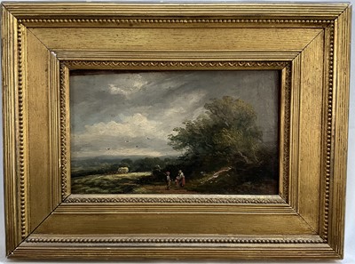 Lot 1035 - English School, 19th century, oil on canvas laid on panel - Figures in an extensive landscape, 15cm x 25cm, in gilt frame