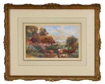 Lot 1066 - Myles Birket Foster (1825-1899) watercolour - Cattle Watering before a Cottage, monogrammed, 18cm x 28.5cm, in glazed gilt frame