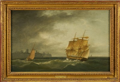 Lot 1144 - Thomas Whitcombe (c.1763-1824) oil on panel - Shipping off a Harbour, signed, 28cm x 45cm, in gilt frame