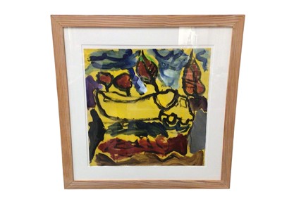Lot 1268 - Bill West (b.1944) acrylic on paper - boat on a lorry in an olive grove, signed with initials, dated '97, 58cm x 58cm mounted in glazed frame, 86cm x 86cm overall