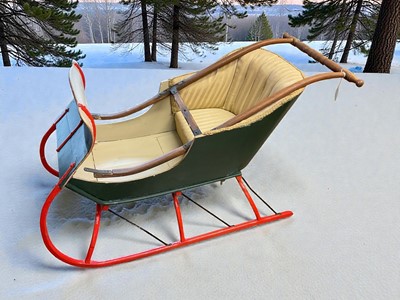 Lot 2900 - Charming antique painted wooden sledge with upholstered seat, formerly used as part of a Christmas display in a window