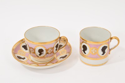 Lot 214 - Coalport trio, unusually painted with profile silhouettes, on a pink ground, circa 1805, pattern number 360