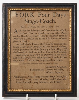 Lot 947 - Rare York Stage Coach printed notice, 1706
