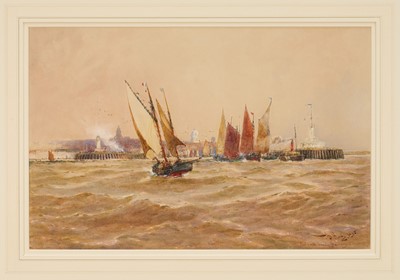 Lot 1058 - Thomas Bush Hardy (1842-1897) watercolour - 'Fishing boats leaving Boulogne', signed and dated '95, 32cm x 49cm, in glazed gilt frame