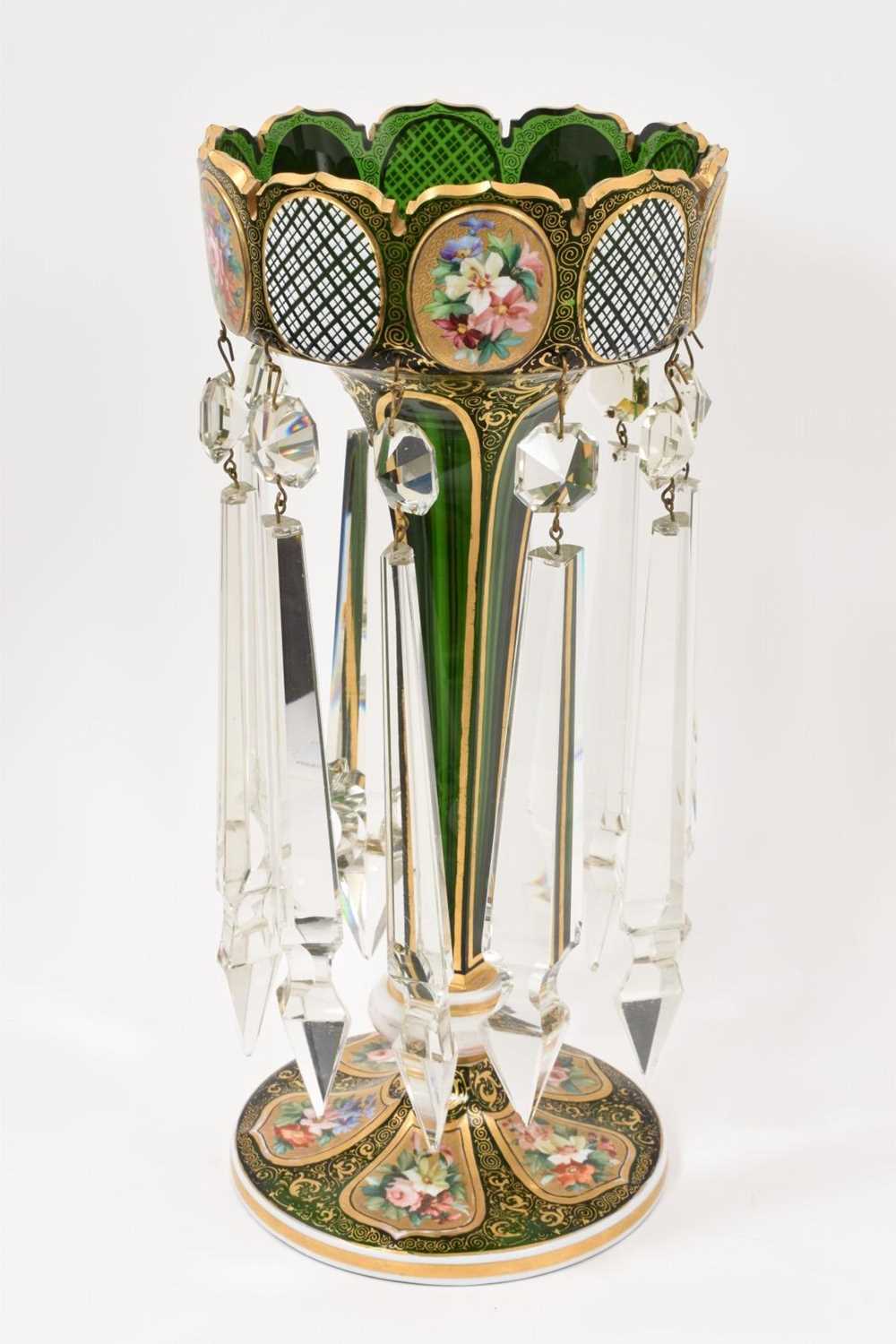 Lot 44 - 19th century Bohemian green tinted overlay glass table lustre