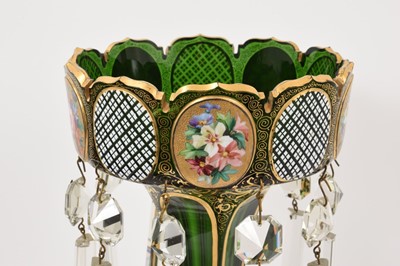 Lot 44 - 19th century Bohemian green tinted overlay glass table lustre