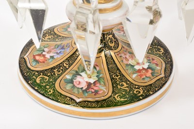Lot 44 - 19th century Bohemian green tinted overlay glass table lustre