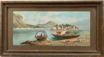 Lot 263 - Italian School, watercolour - Isola Bella and Lake Maggiore with mountains beyond, signed Gianni, 19cm x 43cm, glazed carved wooden frame