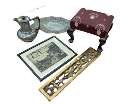 Lot 447 - Antique gothic panel, Arts & Crafts pewter dish, Edwardian prints etc