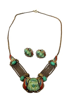 Lot 195 - 1920s/1930s Czechoslovakian Egyptian-Revival necklace and matching pair of screw back earrings