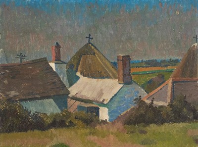 Lot 1086 - *Charles Mahoney (1903-1968) oil on canvas board - Cornish landscape with cottages, 'Round House, Veryan, 28cm x 38cm, unframed