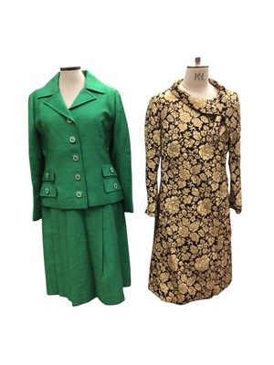 Lot 2531 - 1960 La Perla green slub silk suit jacket and skirt, together with a 1960s lurex brocade evening coat by Nora Bradley, together with two Edwardian children's velvet dresses and linen and lace gown