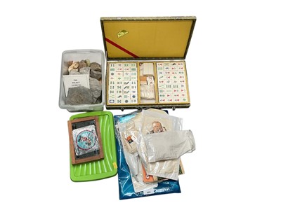 Lot 495 - Collection of fossils and geological specimens, a Mahjong set, stamps and silks.