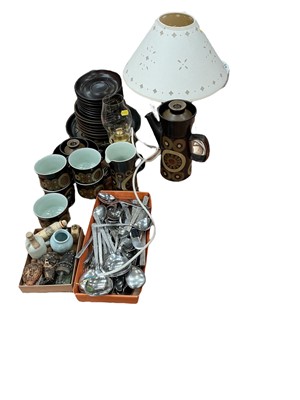Lot 497 - Set 1970s stainless steel flatware and gambled oil lamp, Bernard Rook lamp, Denby and sundries.