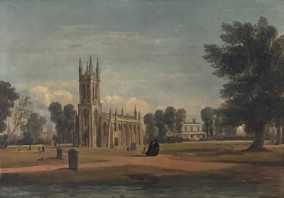 Lot 1182 - Circle of Richard Bankes Harreden (1778-1862) watercolour - Church and figures, Cathedral beyond, 34.5cm x 49.5cm, framed