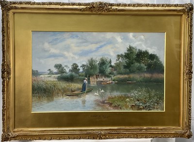 Lot 160 - Noel Smith (1840-1900) watercolour and bodycolour, river scene at Fordingbridge, Hants, signed, gilt frame