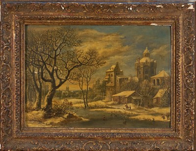 Lot 1172 - Dutch School, 18th century, oil on panel - Frozen River Landscape, 24cm x 34cm, in gilt frame
