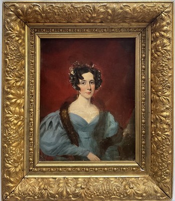 Lot 1173 - English School, 19th century, oil on board - Portrait of a Lady, 24cm x 19cm, gilt frame
