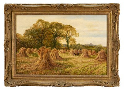 Lot 1181 - Harry Wallace (act.1881-1934) oil on canvas, Harvest scene near Castle Donington, signed, 39cm x 59cm, gilt frame