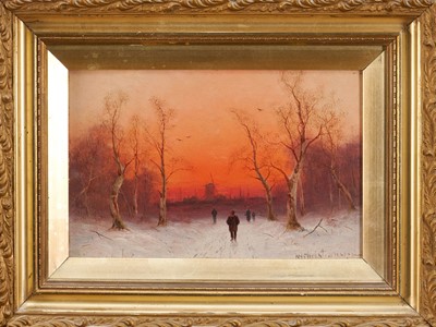 Lot 1096 - Nils H Christiansen (1850-1922) pair of oils on board - Winter Sunsets, signed, 14.5cm x 22cm, in gilt frames