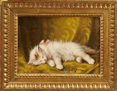 Lot 1097 - J. Le Roy, early 20th century, oil on panel - Sleeping Kitten, inscribed verso and dated 1913, 16cm x 22cm, in gilt frame