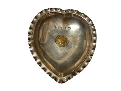 Lot 42 - Victorian silver heart shaped dish inset with a gold third-guinea coin, 1809