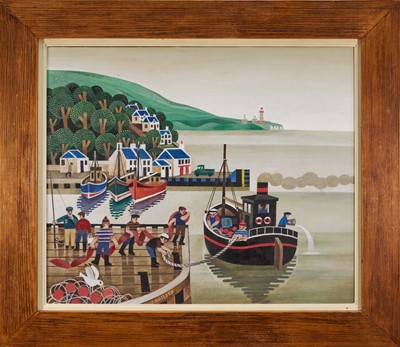Lot 1120 - *Alfred Daniels (1924-2015) oil on canvas board, fishermen in a harbour scene