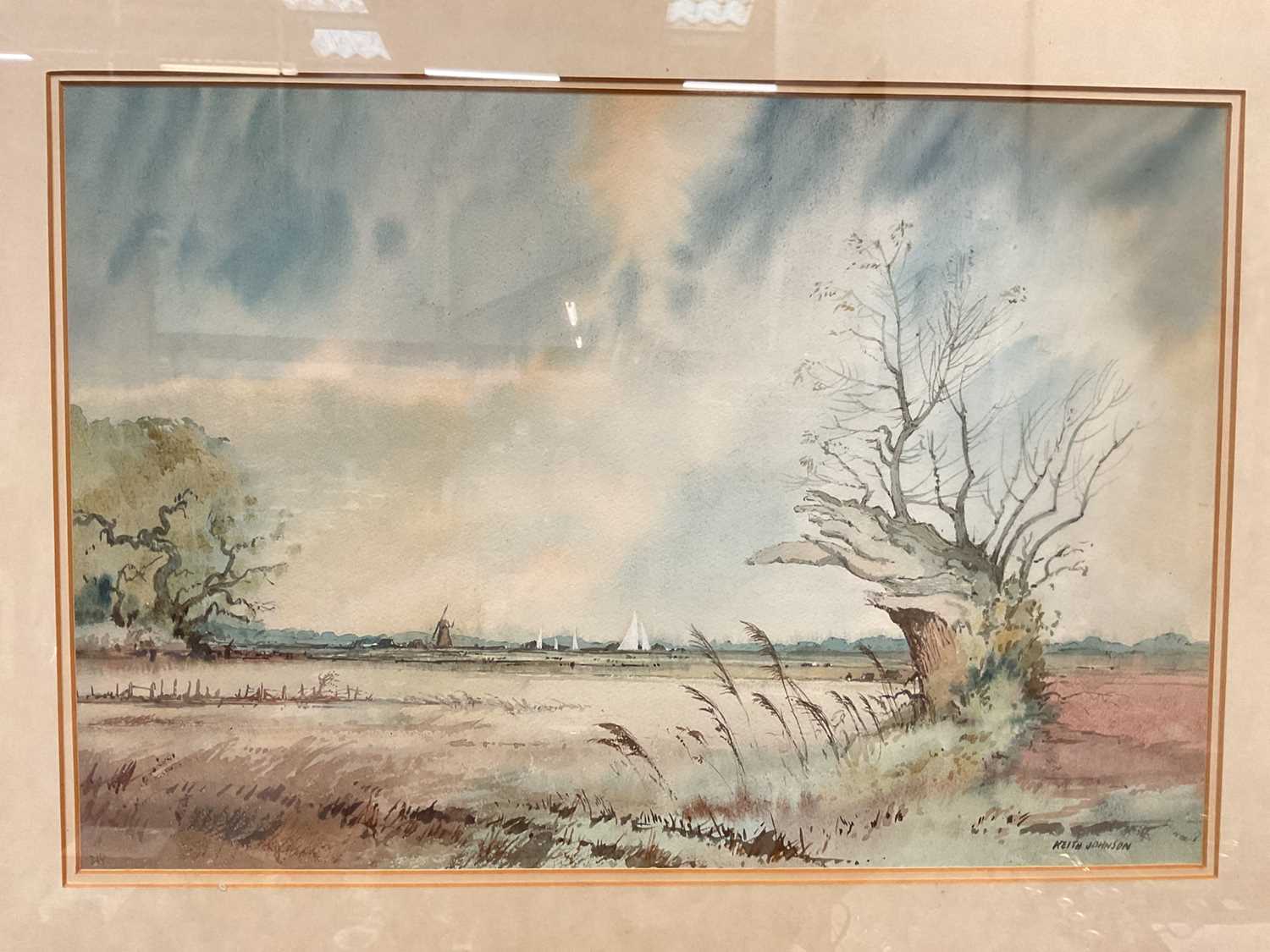 Lot 1284 - Keith Johnson signed watercolour study, Norfolk view with windmill and sailing boats, in glazed frame