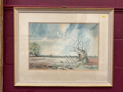 Lot 1284 - Keith Johnson signed watercolour study, Norfolk view with windmill and sailing boats, in glazed frame