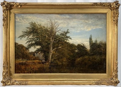 Lot 1175 - English School, 19th century, oil on canvas, River Landscape with Fisherman, indistinctly signed, 30cm x 45cm, in gilt frame