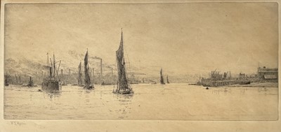 Lot 1132 - William Lionel Wyllie (1851-1931), dry point etching Silvertown (on the Thames), signed in pencil c1930, sheet 27cm x 45cm, plate 16 x 37.5cm