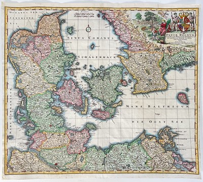 Lot 1138 - Daniæ Regnum - Map of Denmark and Part of Sweden 1730, M. Seutter, handcoloured, 53cm x 54cm, unframed