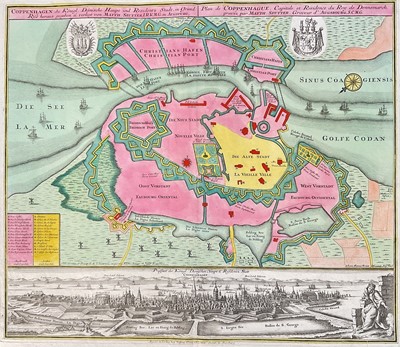 Lot 1139 - "Copenhagen/Copenhague", handcoloured plan of Copenhagen by M. Seutter 1740, pub London Lotter, Augsburg, 56.5cm x 70cm
