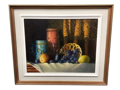 Lot 1143 - Bob Eckersley - oil on canvas in frame, 'Still life of pots and fruit' 34cm x 44cm