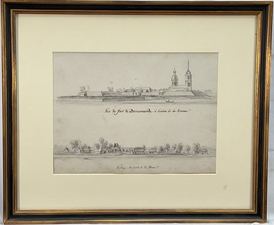 Lot 275 - European School, antique pencil on paper inscribed in brown ink, The Fort at Dunamunde, at the mouth of the Duna River, Latvia and Village on the Edge of the Duna, 24cm x 32 cm, glazed frame