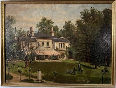Lot 114 - 19th century English school oil on board depicting a country house with veranda and figures