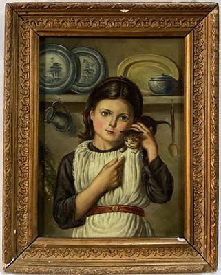 Lot 112 - Early 20th century oil on panel - girl with kitten