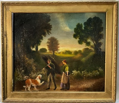 Lot 115 - 19th century naive school oil on panel depicting country figures with dog