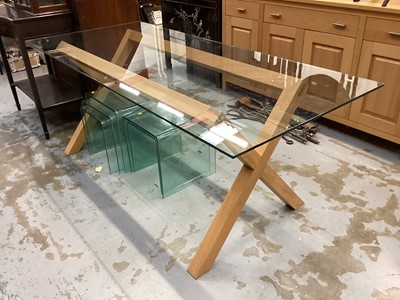 Lot 1309 - Contemporary John Lewis light oak dining table with glass top, 180cm x 80cm x 71.5cm high