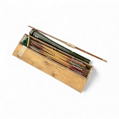 Lot 755 - Victorian bow, unusually large arrow case containing approximately 35 arrows, antique quiver with belt and a green tôle ware arrow case