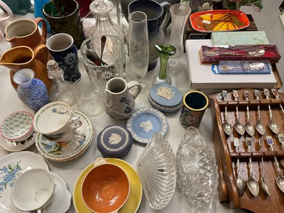 Lot 304 - Poole pottery dish, Wedgwood Jasperware, other ceramics and glassware, cloisonné vase and group of plated souvenir spoons