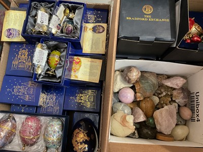 Lot 302 - Collection of boxed decorative egg ornaments, Bradford Exchange boxed ornaments and a group of semi-precious crystals (2 boxes)