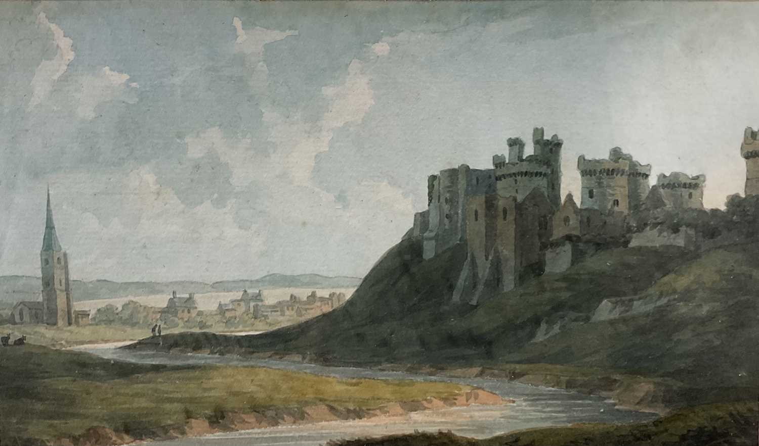 Lot 84 - John Warwick Smith (1749-1831) watercolour, landscape with castle, 12cm x 21cm, glazed frame