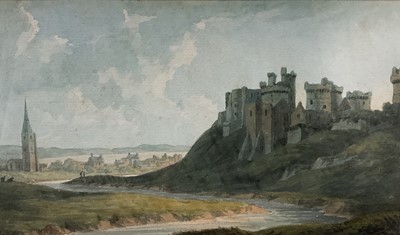 Lot 84 - John Warwick Smith (1749-1831) watercolour, landscape with castle, 12cm x 21cm, glazed frame
